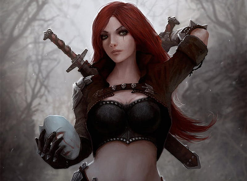 Katarina Du Couteau, katarina, games, swords, female, video games, red hair, league of legends, weapons, mask, HD wallpaper
