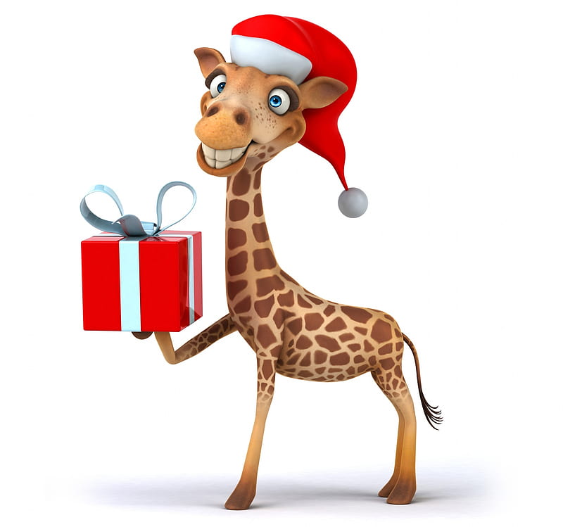 Merry Christmas!, red, craciun, christmas, hat, card, santa, funny, giraffe, white, HD wallpaper