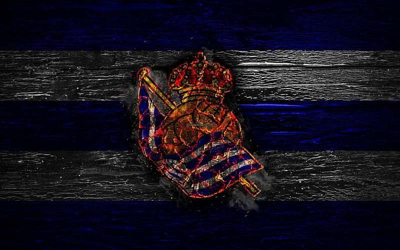 Real Sociedad FC, fire logo, LaLiga, blue and white lines, spanish football club, grunge, football, soccer, logo, Real Sociedad SAD, wooden texture, Spain, HD wallpaper