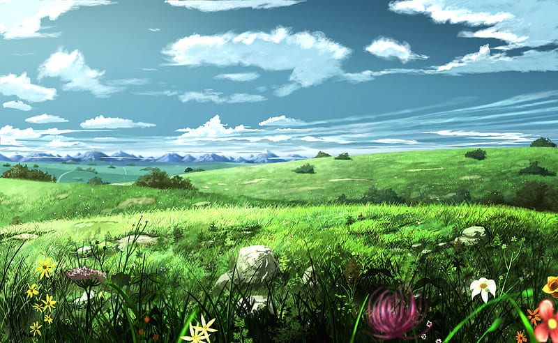 Landscape, pretty, scenic, grass, bonito, floral, sweet, mountain, nice, green, anime, beauty, land, scenery, hill, cloud, horizon, lovely, view, sky, flower, nature, scene, field, HD wallpaper
