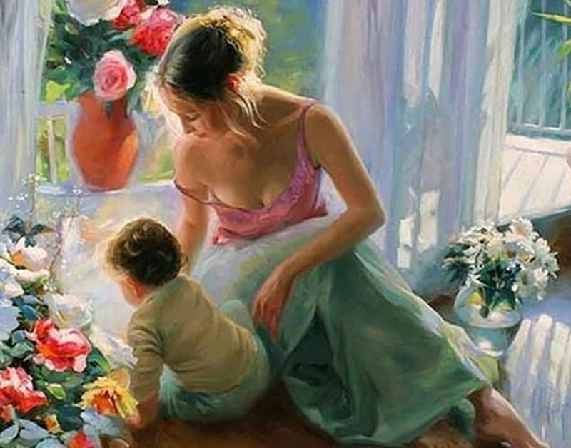 Painting, artist, art, window, mother, baby, people, love, painter, flowers, day, room, Vladimir Volegov, light, maternal, HD wallpaper