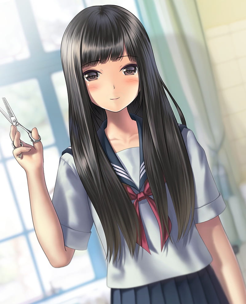 anime, anime girls, long hair, black hair, brown eyes, school uniform, artwork, Sareko, HD phone wallpaper