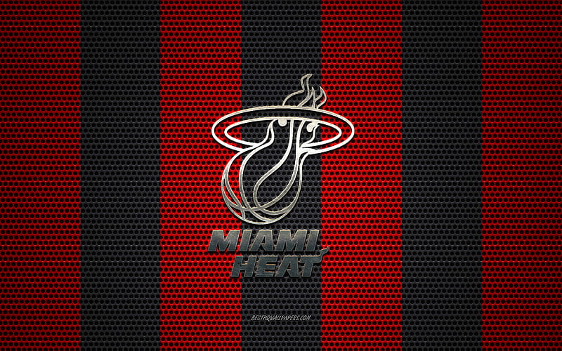 Miami Heat logo, American basketball club, metal emblem, red-black metal mesh background, Miami Heat, NBA, Miami, Florida, USA, basketball, HD wallpaper