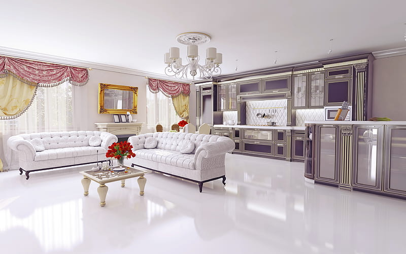 luxurious classic interior, modern design, project, white luxurious sofas, stylish interior, living room, HD wallpaper