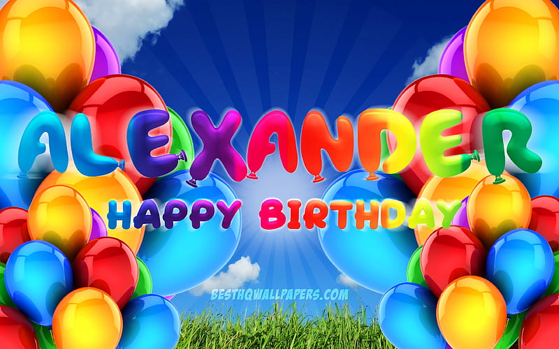 Alexander Happy Birtay cloudy sky background, popular german male names, Birtay Party, colorful ballons, Alexander name, Happy Birtay Alexander, Birtay concept, Alexander Birtay, Alexander, HD wallpaper
