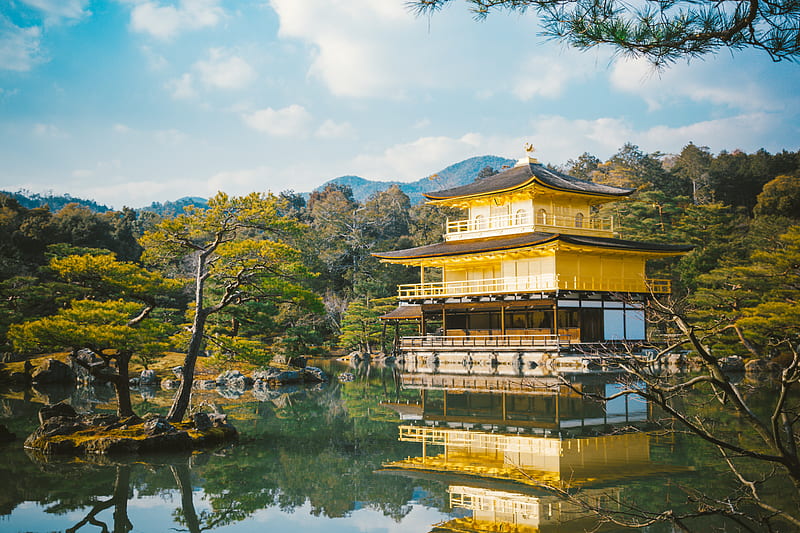 pagoda, temple, lake, trees, HD wallpaper