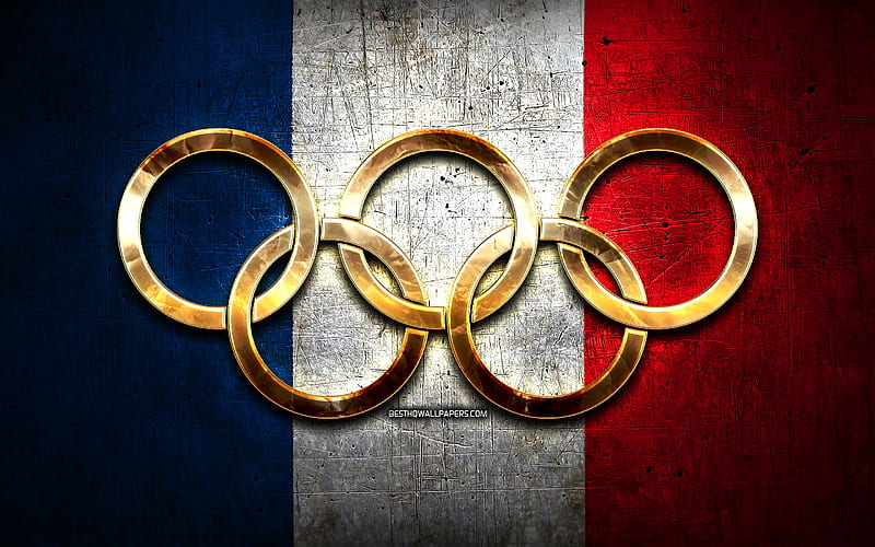 French olympic team, golden olympic rings, France at the Olympics, creative, French flag, metal background, France Olympic Team, flag of France, HD wallpaper