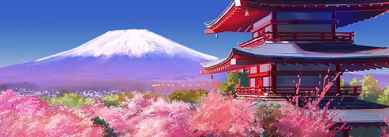 Sakura ~~~, red, pretty, scenic, sakura blossom, bonito, cherry blossom, sweet, mountain, blossom, nice, fuji mountain, i, japan, temple, beauty, scenery, pink, sakura, roof, cloud, lovely, japanese, palace, sky, rooftop, flower, mount fuji, white, scene, landscape, cherry, HD wallpaper