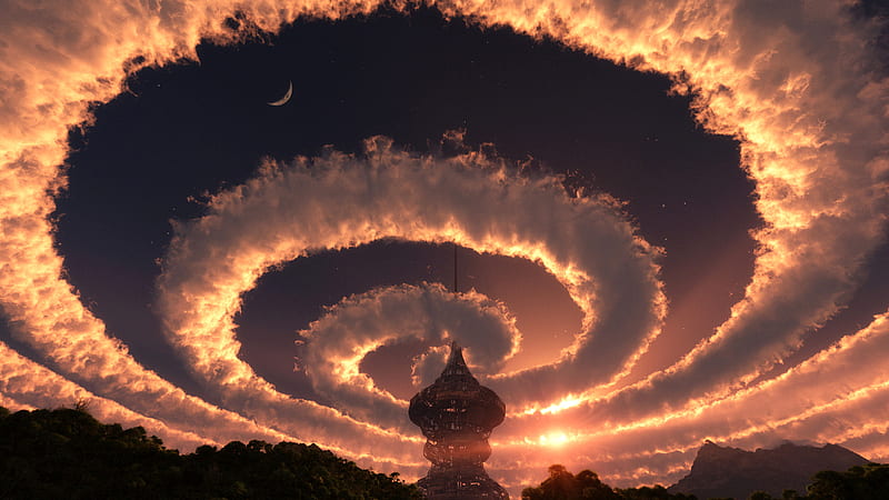 Spiral Clouds, stars, forest, spiral, 3-d, space, sunset, sky, clouds, structure, tower, nature, spire, evening, sun dome, HD wallpaper