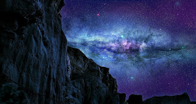 Sky, mountain, stars, fantasy, rock, nebula, pink, blue, HD wallpaper