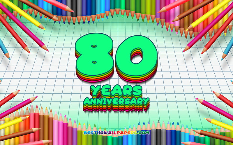 80th anniversary sign, colorful pencils frame, Anniversary concept, turquoise checkered background, 80th anniversary, creative, 80 Years Anniversary, HD wallpaper
