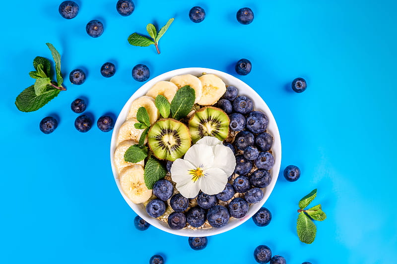 blueberry, kiwi, banana, mint, flower, fruit, HD wallpaper