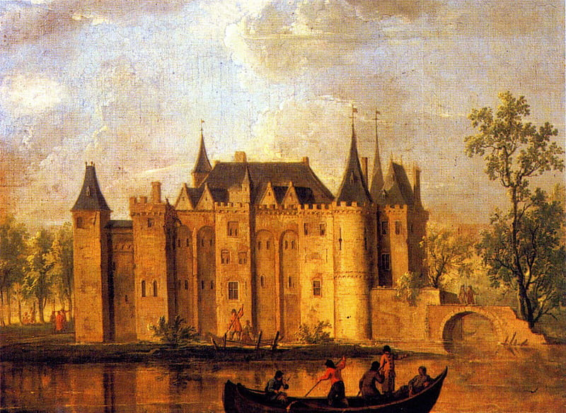 Castle of Gouda, Zuid-Holland, roof, gouwe river, sky, clouds, merlons, tree, boat, towers, bridge, people, castle, HD wallpaper