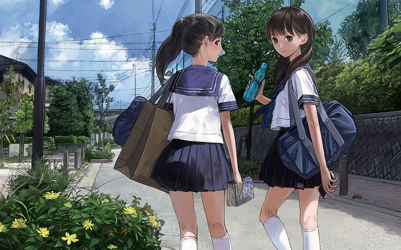 Anime Girl Going School In Uniform, anime-girl, anime, HD wallpaper