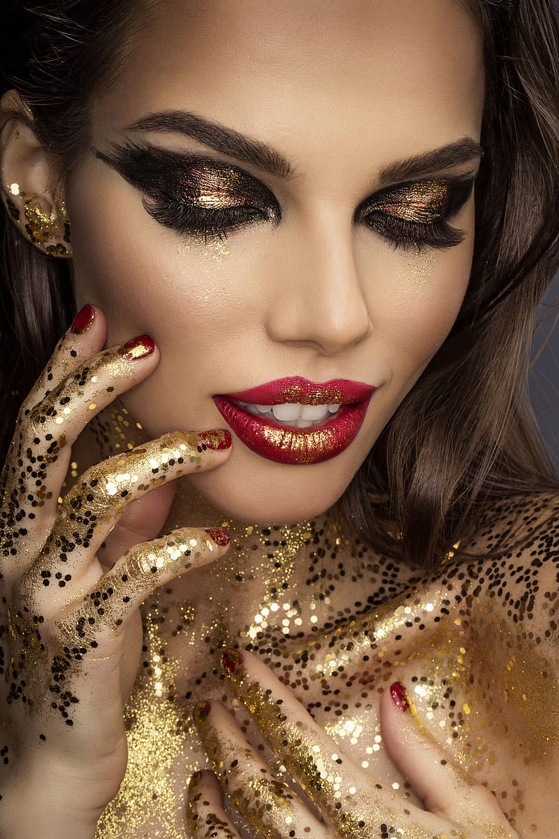 Slinky-Aleksandr Lishchinskiy, gold, makeup, women, model, red lipstick, portrait, , Aleksandr Lishchinskiy, HD phone wallpaper