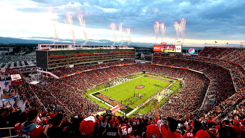 Aerial View Of Stadium With People And 49ERS Players And Fireworks 49ERS, HD wallpaper