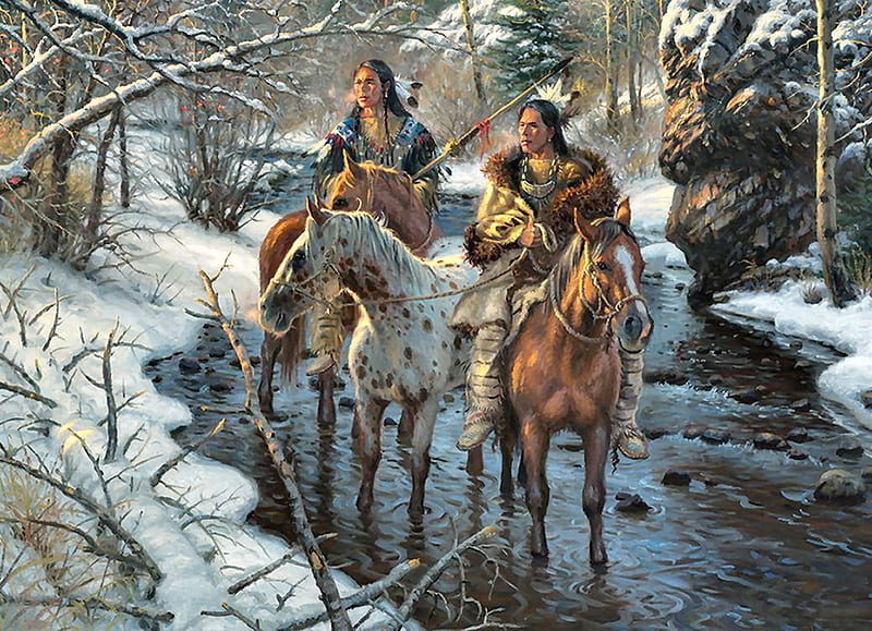 Native American Creek Crossing F, art, bonito, illustration, artwork, winter, snow, painting, wide screen, Native American, landscape, HD wallpaper