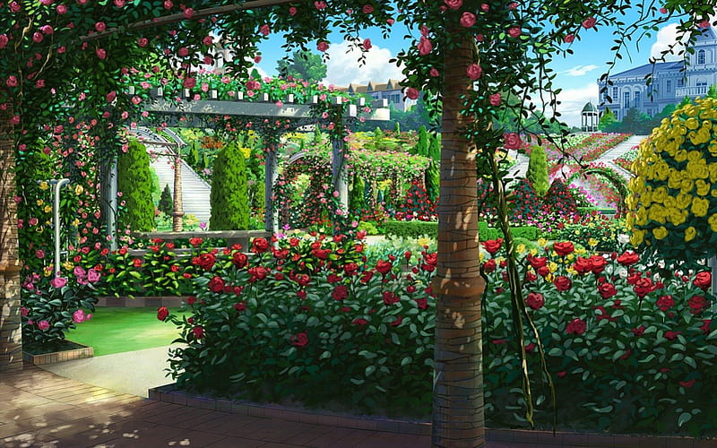 Rose Garden, pretty, scenic rose, plant, bonito, floral, sweet, nice, anime, beauty, scenery, lovely, park, tree, flower, garden, nature, scene, HD wallpaper