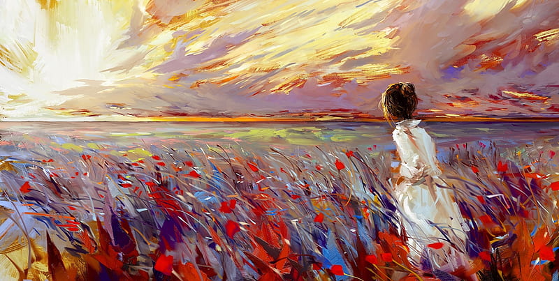 girl, field, sunlight, painting, canvas, clouds, scenery, Landscape, HD wallpaper