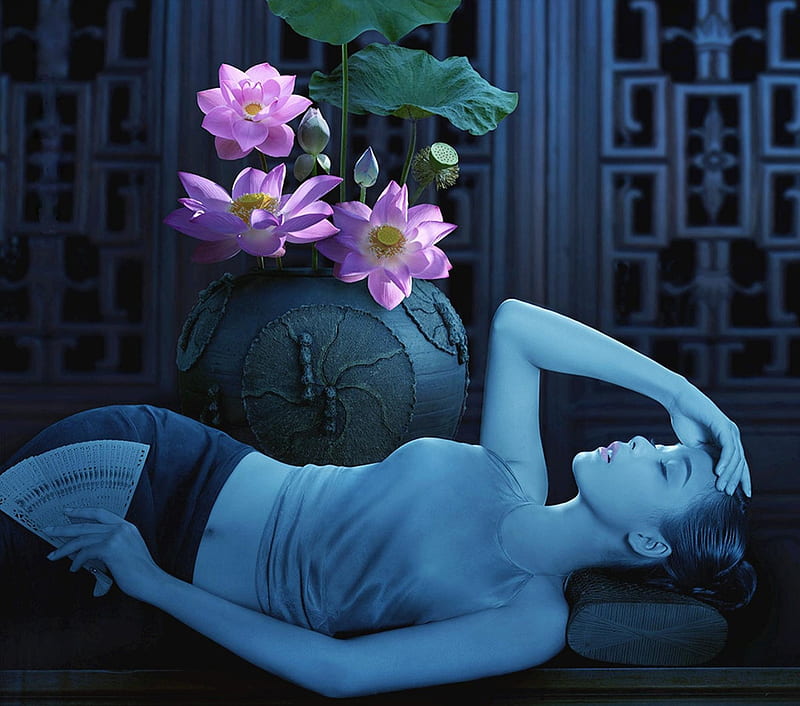 Headache or rest ?, rest, flowers, woman, blue, HD wallpaper