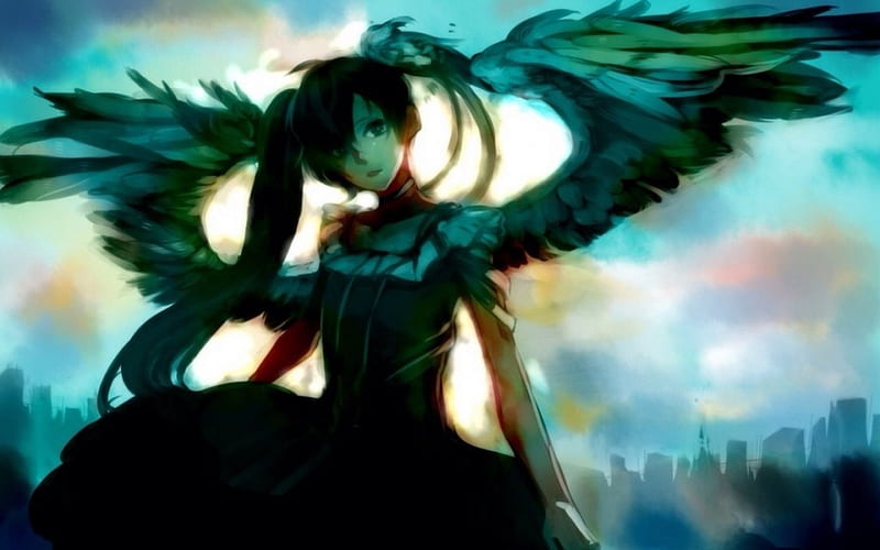 Angel's Absence, wings, pigtails, anime, angel, winged, HD wallpaper