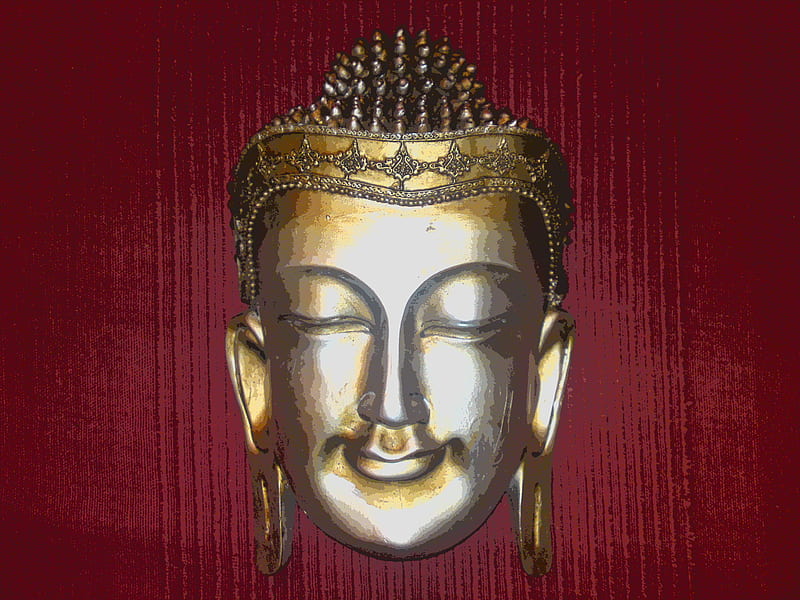 Gently smiling golden Buddha, buddha, red, smiling, golden, HD wallpaper