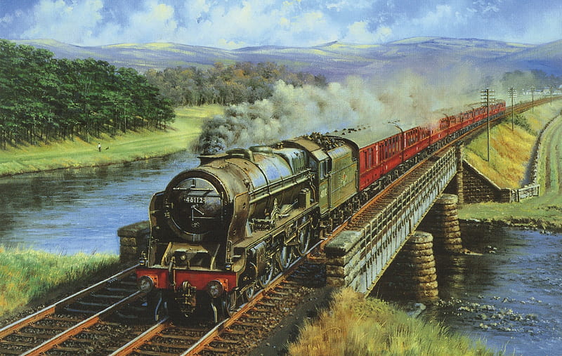 Old Steamtrain, locomotive, bridge, painting, river, railways, artwork, vintage, HD wallpaper