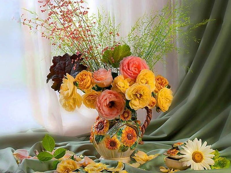 Still Life, flowers, gerbera, vase, petals, roses, peonies, HD ...