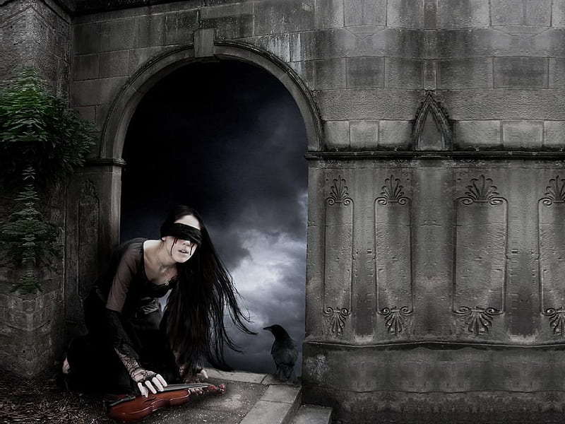 Blind girl, pain, violin, bird, dark, black, night, blood, HD wallpaper