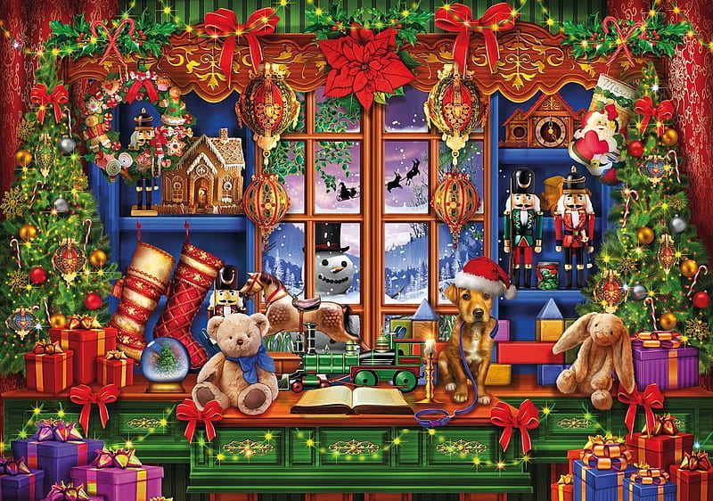 Christmas, red, art, craciun, window, toy, caine, green, painting, bunny, stuff, room, teddy bear, pictura, dog, HD wallpaper