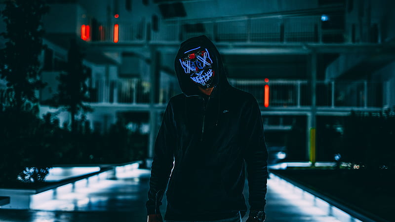 mask, anonymous, hood, darkness, neon, glow, HD wallpaper