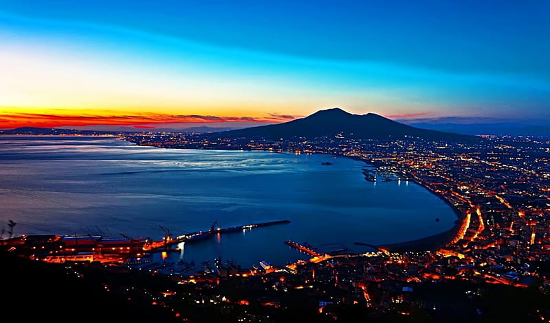 Naples and Vesuvius_Italy, Italia, Town, Italy, sunset, clouds, volcano, Panorama, lights, City, sea, Napoli, Landscapes, Ancient, sunrise, bay, night, HD wallpaper