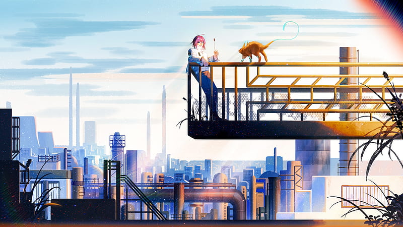 anime boy, industrial city, scenic, Anime, HD wallpaper