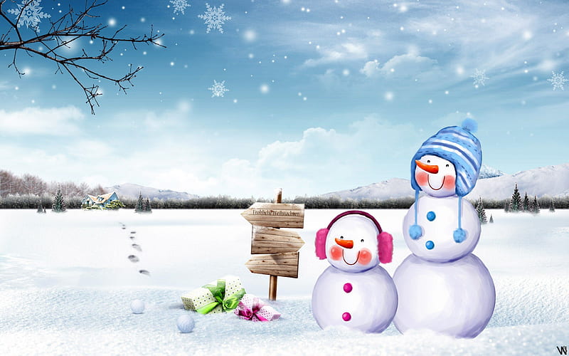 Cute snowmen, pretty, bonito, eve, sweet, nice, friends, snowmen, lovely, holiday, christmas, new year, sky, smiling, winter, noel, cute, snow, deep, snowflakes, funny, nature, gifts, field, HD wallpaper