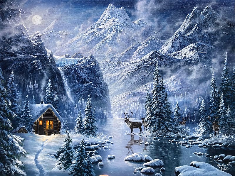 Winter paradise, art, house, paradise, landscape, cold, serenity, mountain, painting, deer, snow, wonderland, evening, countryside, pond, winter, night, moon, frost, cottage, HD wallpaper