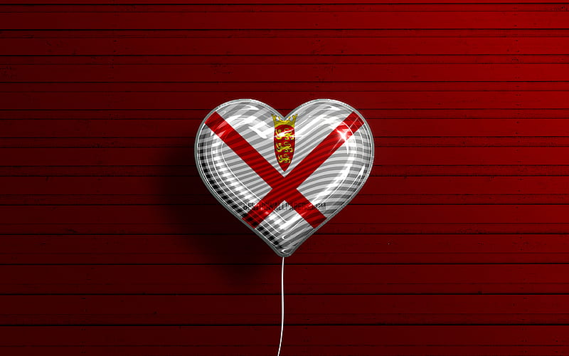 I Love Jersey realistic balloons, red wooden background, Jersey flag heart, Europe, favorite countries, flag of Jersey, balloon with flag, Jersey, Love Jersey, HD wallpaper