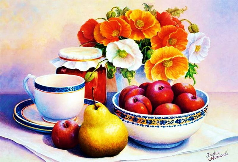 Floral Still Life, fruit, pear, flowers, blossoms, tableware, artwork, HD wallpaper