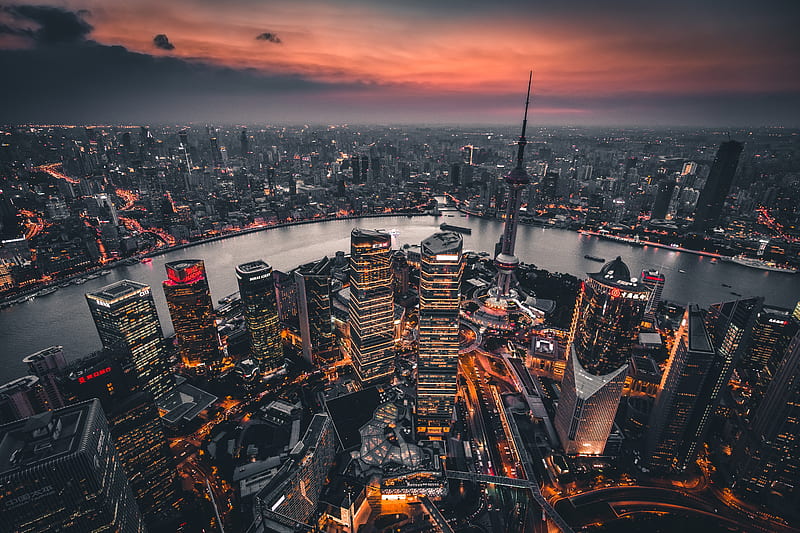 night city, aerial view, lights city, overview, shanghai, china, HD wallpaper
