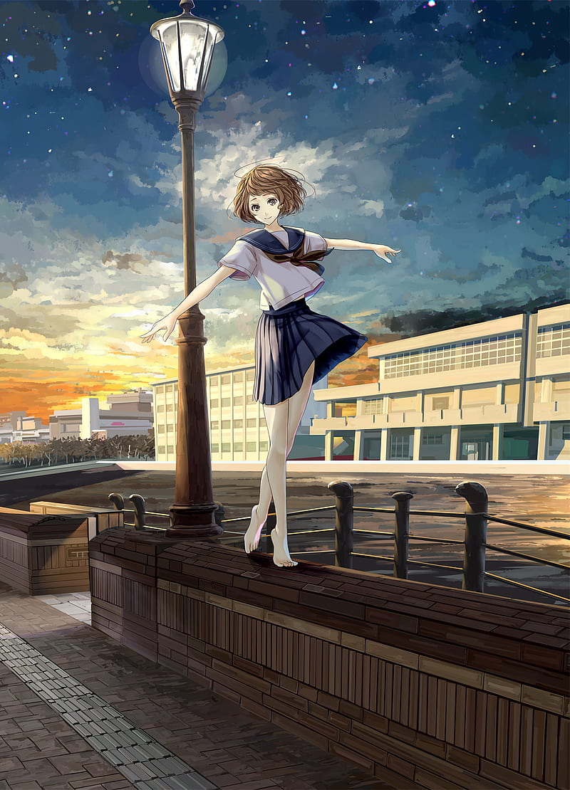 anime, anime girls, barefoot, outdoors, urban, school uniform, legs, HD phone wallpaper
