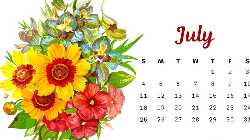 Colorful Flowers July 2021 Calendar White Background July Calendar, HD wallpaper