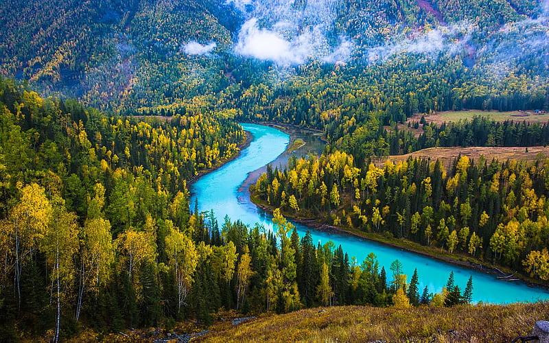 Asia, forest, Kanas Lake, blue lake, mountains, Xinjiang, China, HD wallpaper