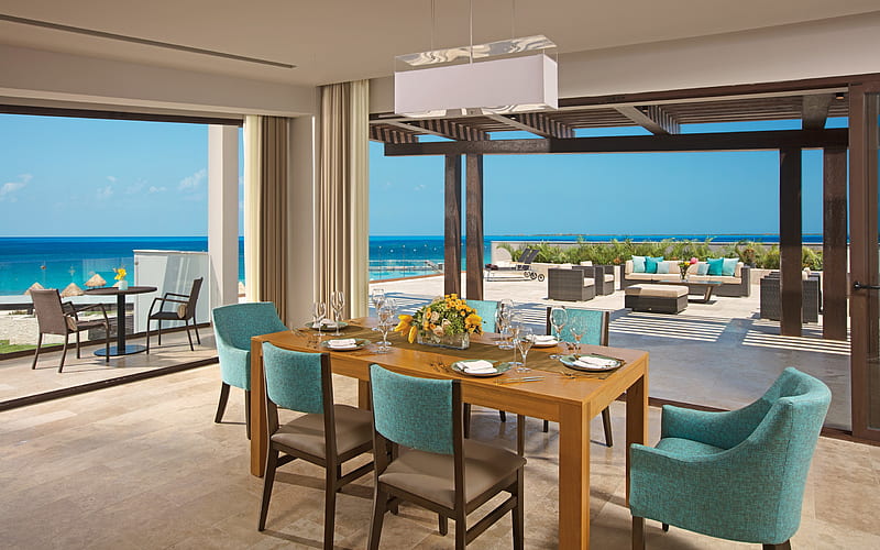 dining room, modern interior design, light wooden table, blue kitchen chairs, stylish interior, HD wallpaper