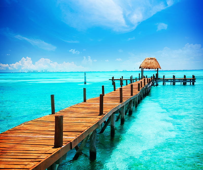 Tropical Ocean Pier, beaches, blue, nature, oceans, HD wallpaper