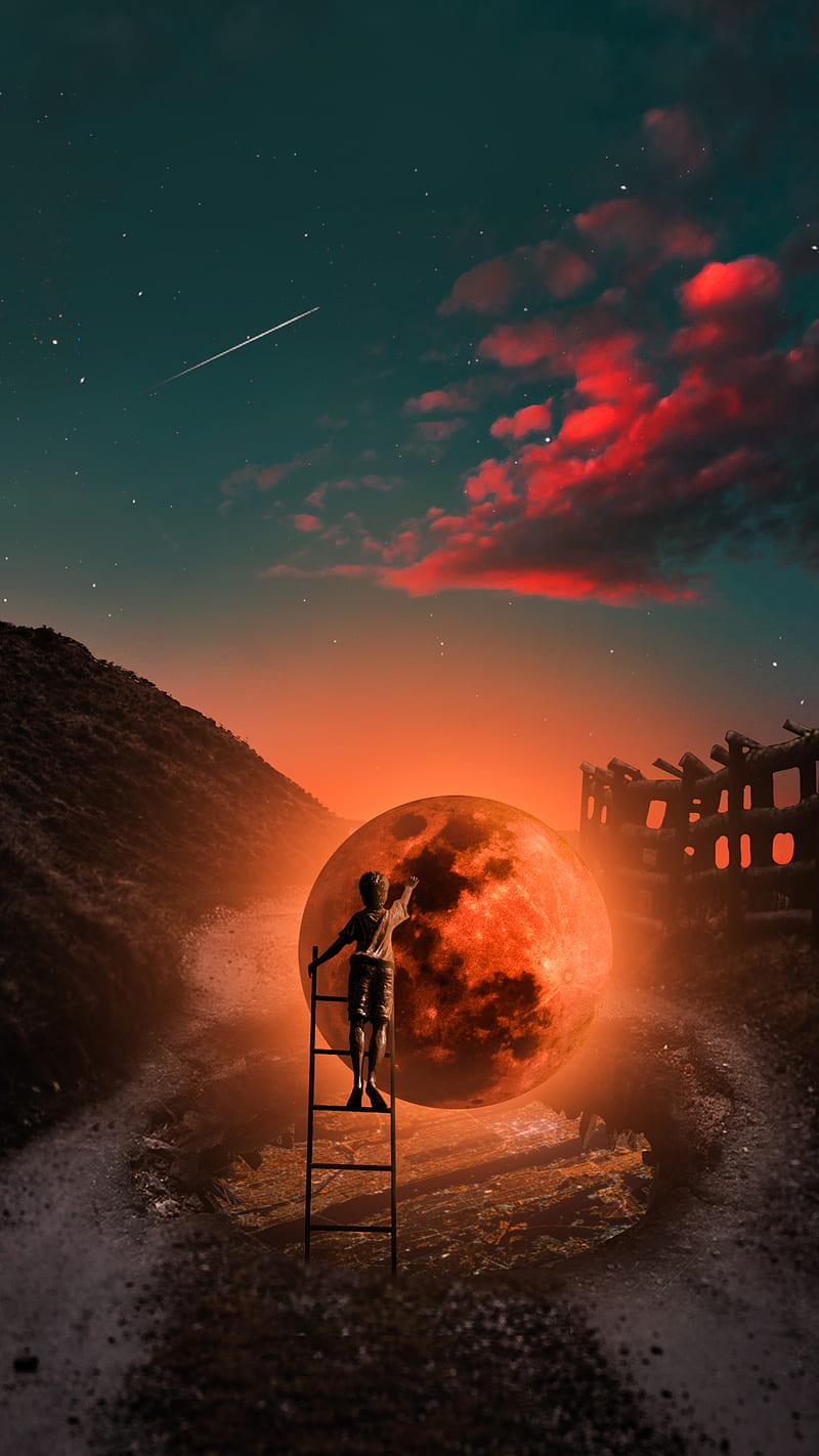 Catch Your Dreams, Bloodmoon, Child, Cosmos, Moon, Oguz Khan, Sunset, HD phone wallpaper