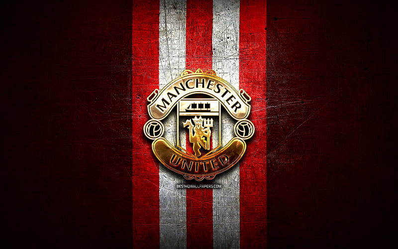 Manchester United FC, golden logo, Premier League, red metal background, football, english football club, Manchester United logo, Man United, soccer, FC Manchester United, HD wallpaper