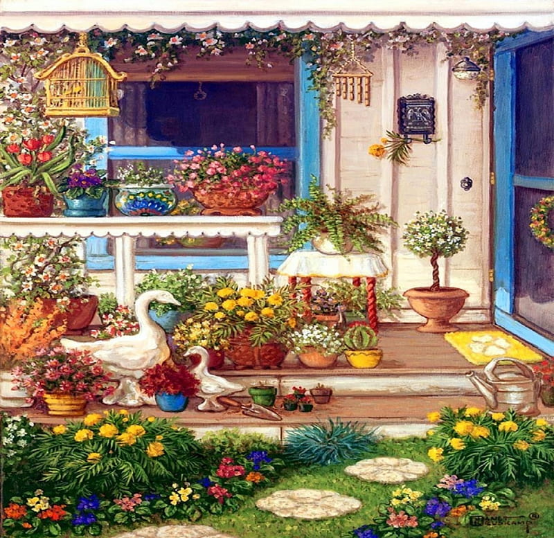 ★Spring Front Porch★, architecture, pretty, home, attractions in dreams, bonito, paintings, decorations, exterior, flowers, lovely flowers, lovely, houses, colors, love four seasons, creative pre-made, spring, porch, scenes, HD wallpaper