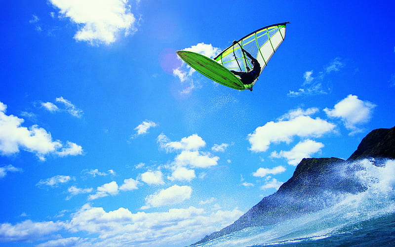 Wind Surfing ocean, surf, sky high, bonito, white clouds skies, airtime, mountains, wind surfing, blue sky, HD wallpaper