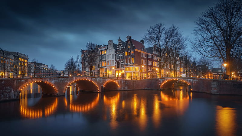 Man Made Amsterdam Cities Netherlands Night Water Reflection Urban Travel, HD wallpaper