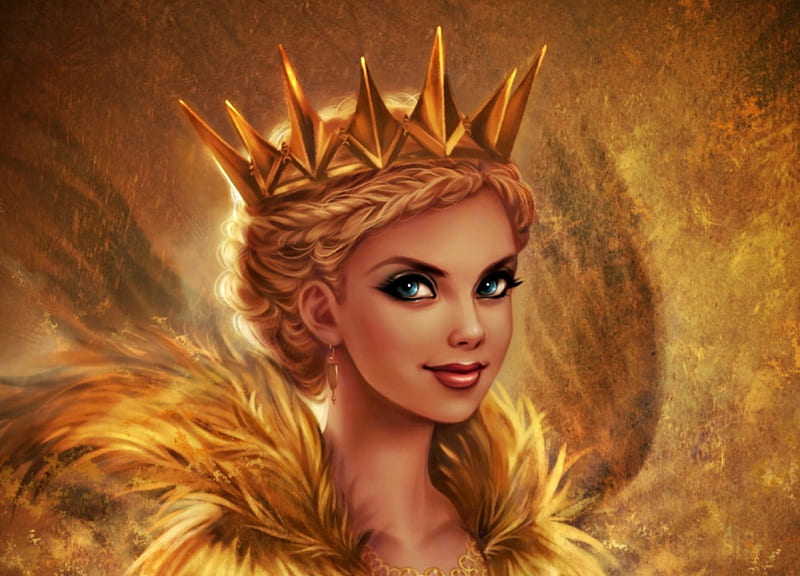 Golden Queen Ravenna, art, yellow, woman, daekazu, fantasy, girl, digital, crown, HD wallpaper