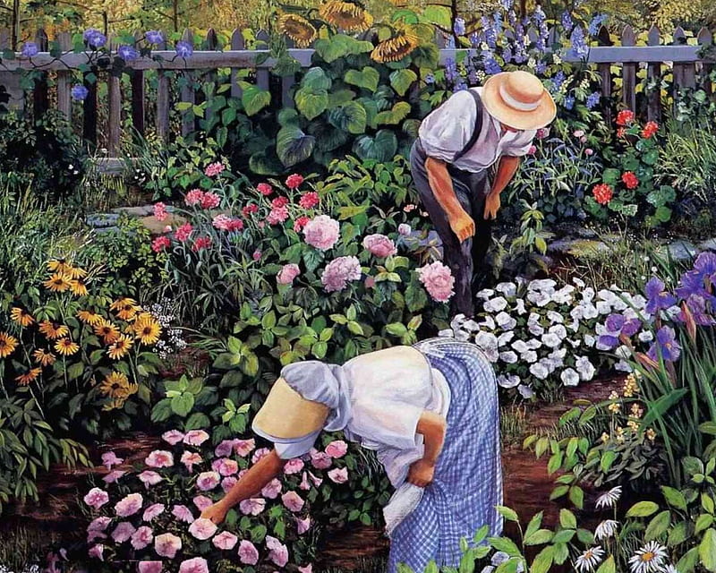 Grandma's Garden, blossoms, painting, flowers, working, HD wallpaper